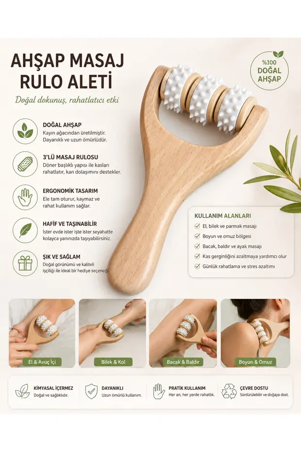 1 Adet Ahşap Masaj Aleti 3 Tekerli El Ayak Boyun Bacak Masaj Rulosu Ergonomik Doğal Ahşap Relax Masaj 